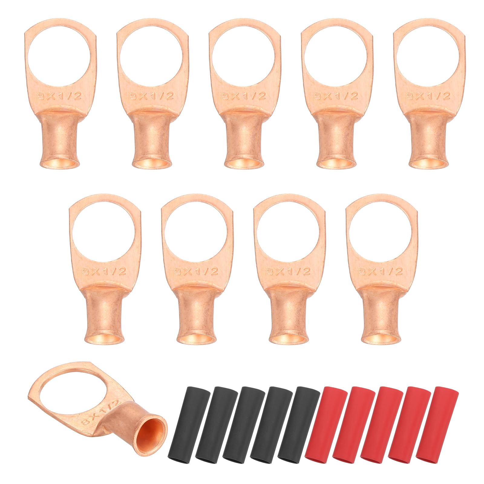 sourcing map 10pcs 8 AWG M12 Battery Lugs Ring Terminals, 1/2" 12mm Stud Crimp Wire Terminal Connector End Copper, 2:1 Heat Shrink Tubing, Gold