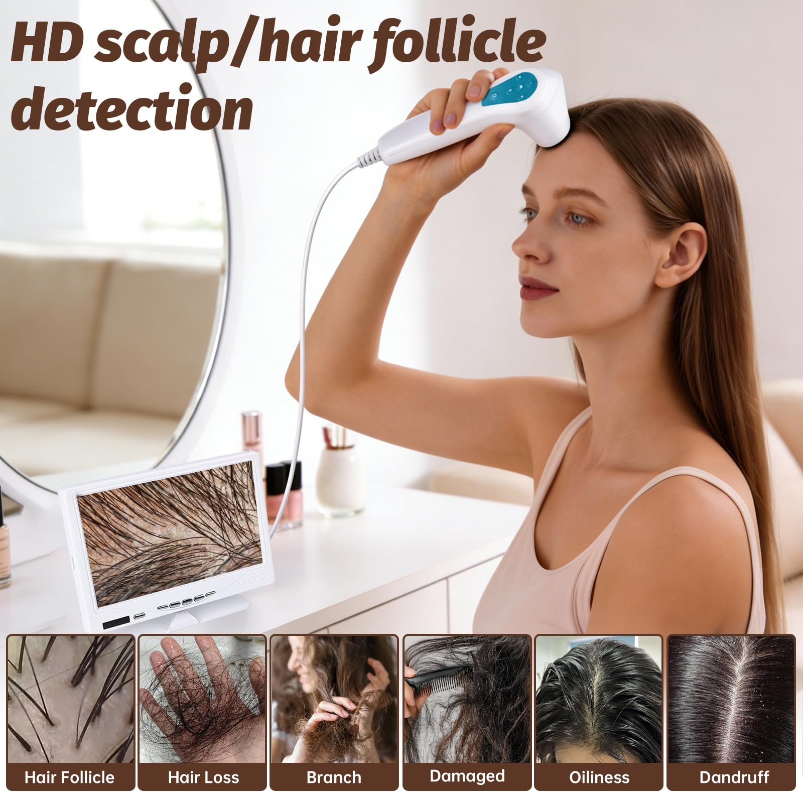 Machine d'analyse portable du cuir chevelu, 3 vitesses, 1 mégapixel, microscope du cuir chevelu, rechargeable pour follicule pileux, détecteur de grossissement d'humidité, test de pigment pour la tête