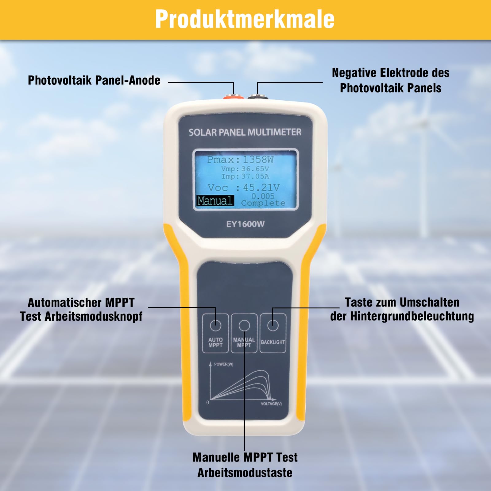 Tester solare EY1600 W, installazione, misuratore tensione vuoto, rilevamento MPPT, display LCD