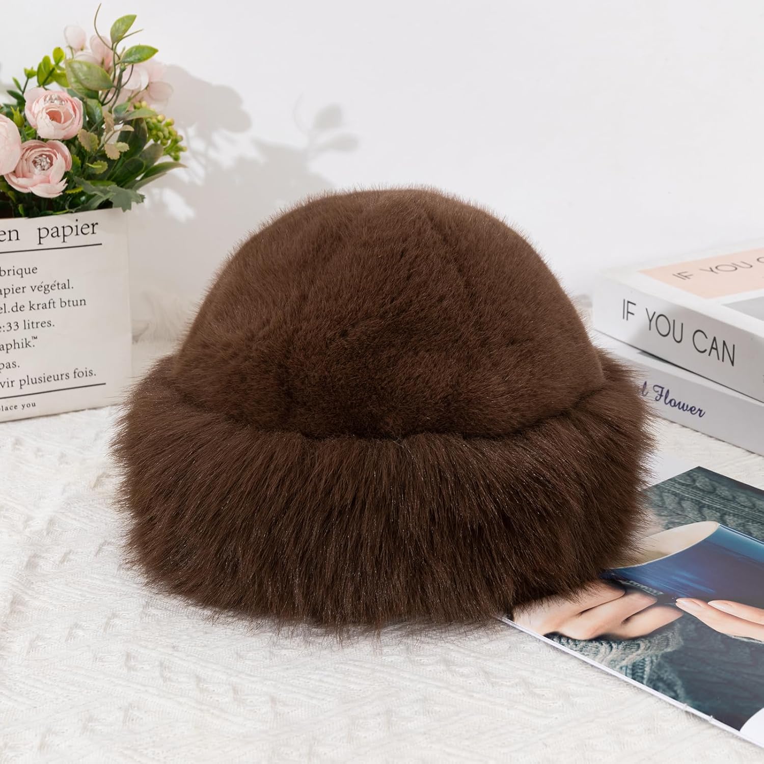 Women's Faux Fur Bucket Hat - Winter Warmth Bucket Hat Fluffy Snow Hat Fuzzy Fisherman Cap Warm Cute - Image 6