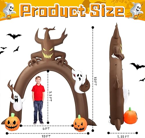 Miniatura 2 de Glimin Arco inflable de árbol de Halloween de 10 pies con calabaza fantasma y luz LED integrada, decoración de patio inflable de Halloween para
