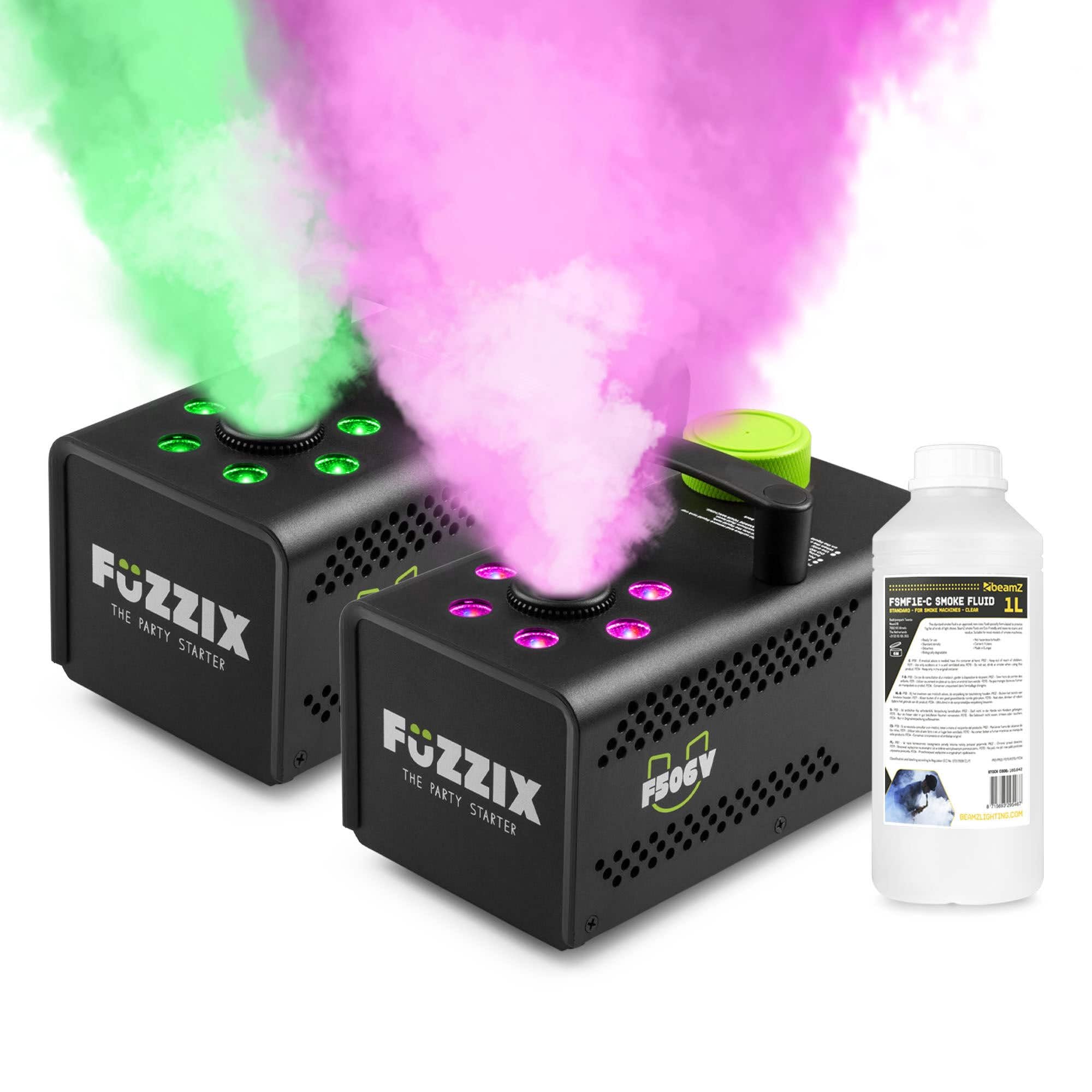 Fuzzix F506V - Vertikale Nebelmaschine mit RGB LEDs & Fernbedienung, inkl. 1 Liter Nebelfluid, 500W Mini Rauchmaschine mit 6 LED, kompakte Fog Machine mit Lichteffekten, Party Nebelmaschine Halloween