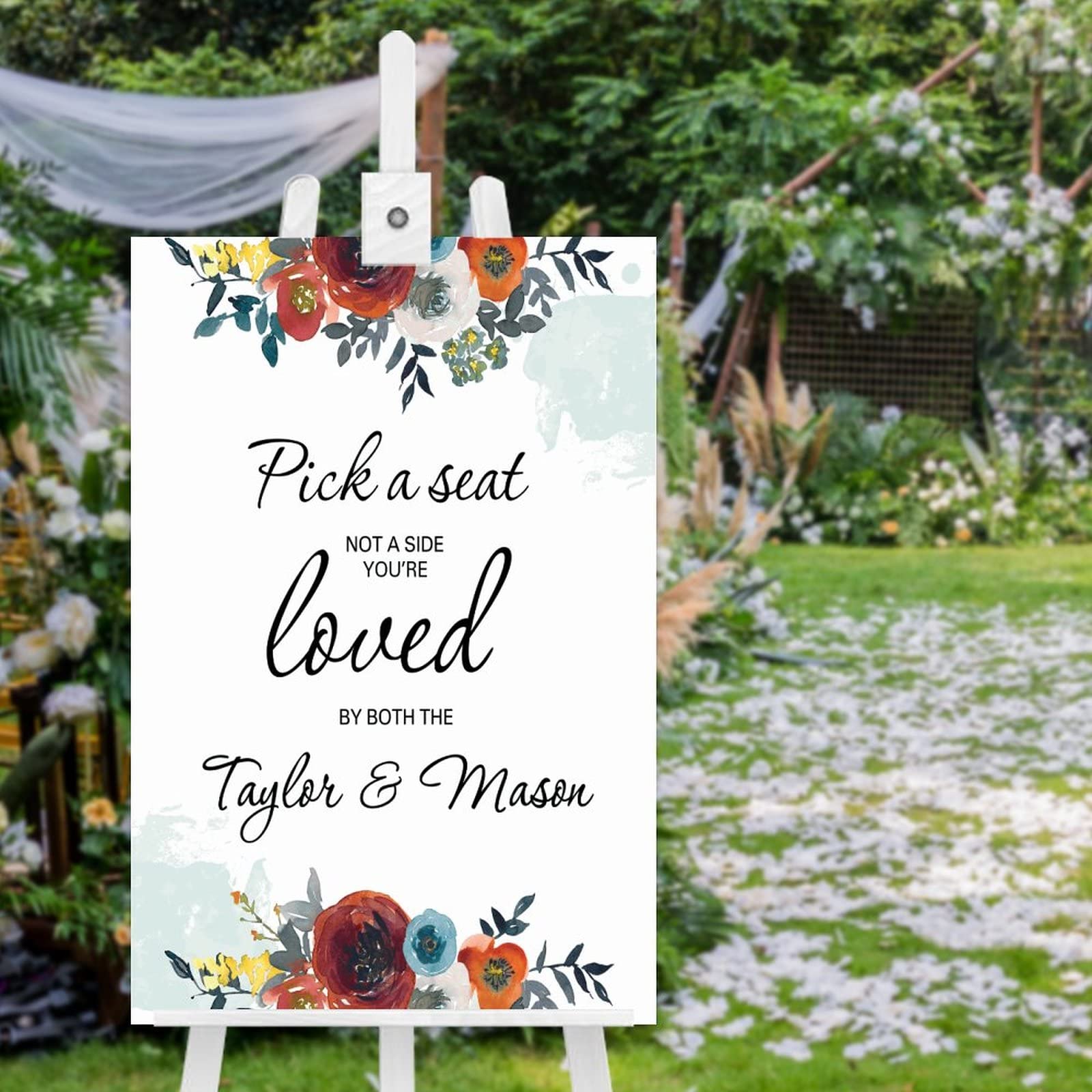 Marsala Willkommensschild aus Holz, Hochzeitsschild "Pick A Seat Not A Side", Hochzeitsschild, florales Hochzeitsschild, Zeremonieschild für Hochzeit, 76,2 x 50,8 cm