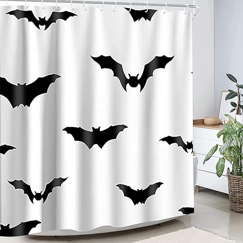 Miniatura 5 de Lack and White - Cortina de ducha de tela con diseño de murciélago para Halloween, juego de cortina de ducha con 12 ganchos, respetuosa con el medio