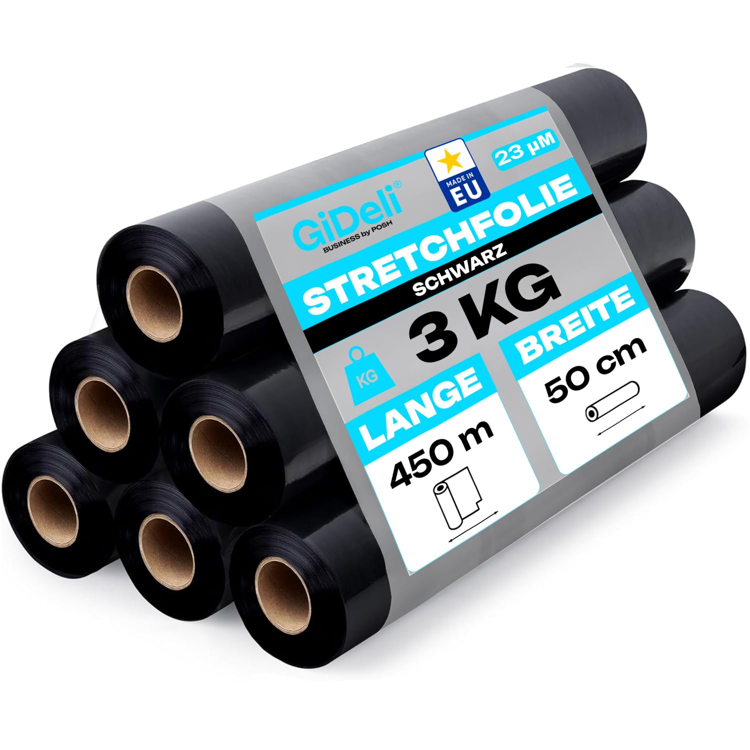 GiDeli Lot de 6 rouleaux de film étirable - Noir - 450 m / 50 cm - Matériau d'emballage sur rouleaux - Film pour meubles - Film pour déménagement