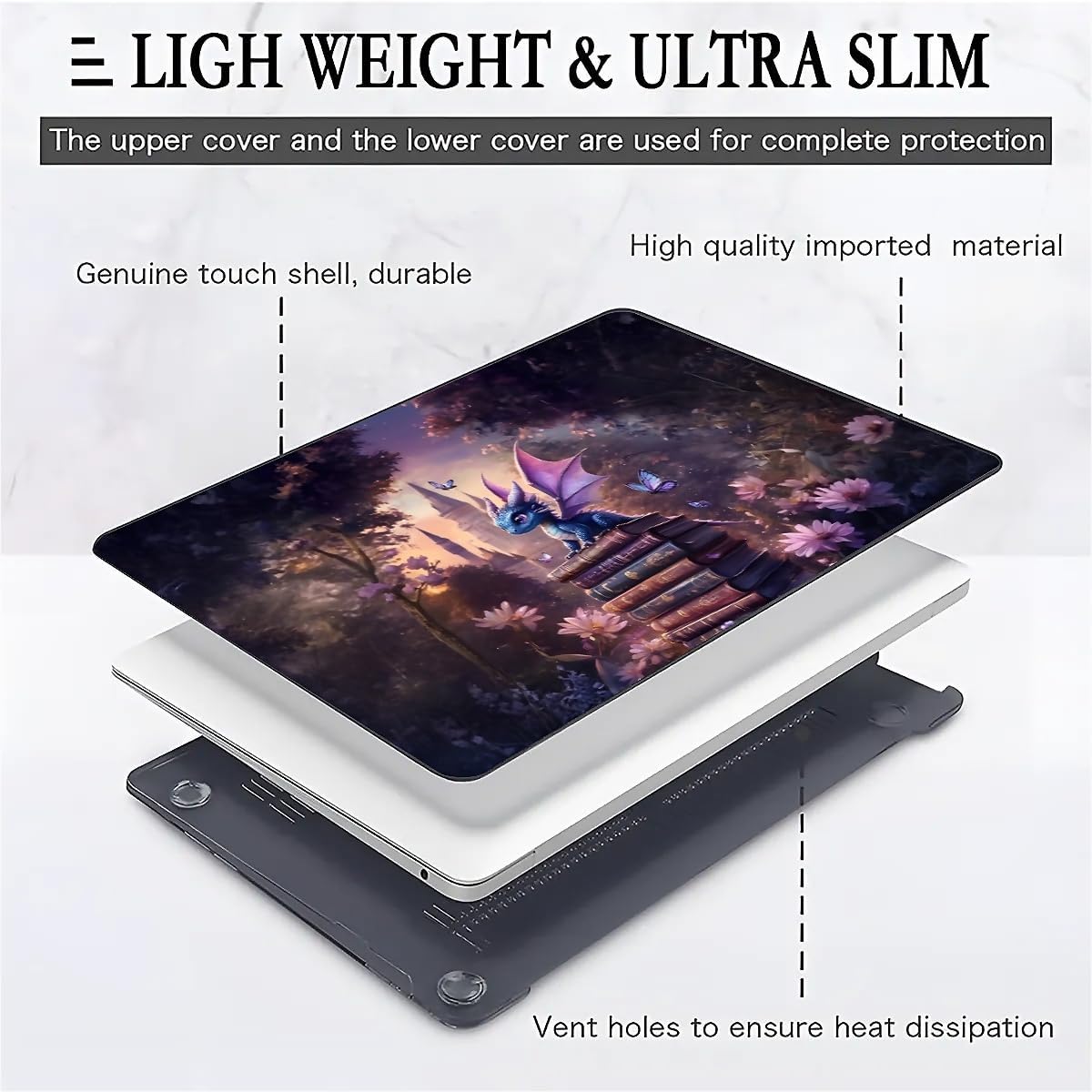 Compatible with MacBook Air 15 Inch 2023/2025 Version of M2 A2941/M4 A3241 Plastic Black Computer Case for Girl Boy Fashion Pattern Cute Baby Dragon Magic Book Butterfly Flower