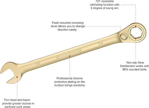 Miniatura 10 de Llave combinada de trinquete de 6 puntos métrica de 15 con desplazamiento vintage, reversible, antideslizante, patrón largo, 0.669 in