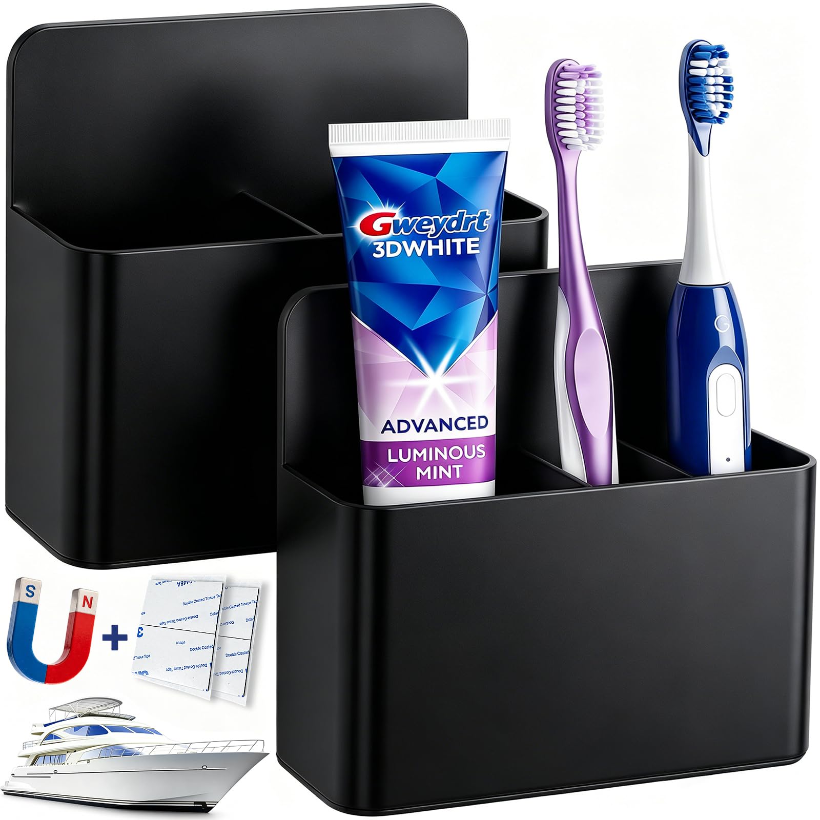 Porte-brosse à dents noir en plastique pour salle de bain, lot de 2 organisateurs