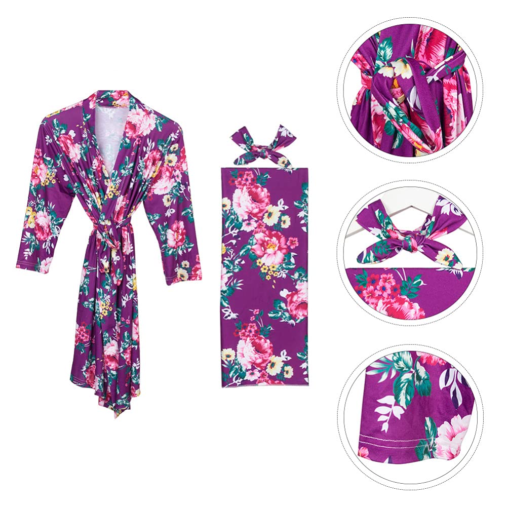 Abaodam 3 Pz Camicia da Notte Premaman Mom And Baby Matching Outfits Hospital Camicia da Notte Kimono da Donna Fajas Post Parto da Donna Mancare Viola Cardigan Sciolto Cotone