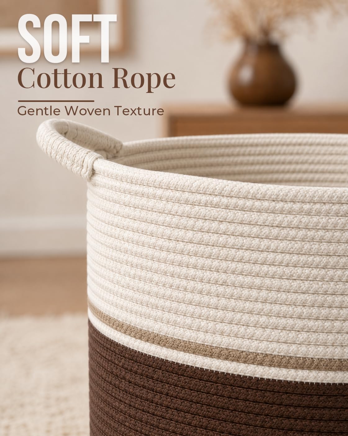 Large Woven Cotton Rope Storage Basket, 65L Blanket Basket with Handles, Decorative Round Basket for Living Room Bedroom Nursery, Laundry Basket for Clothes Toys Towels, Brown & Cream