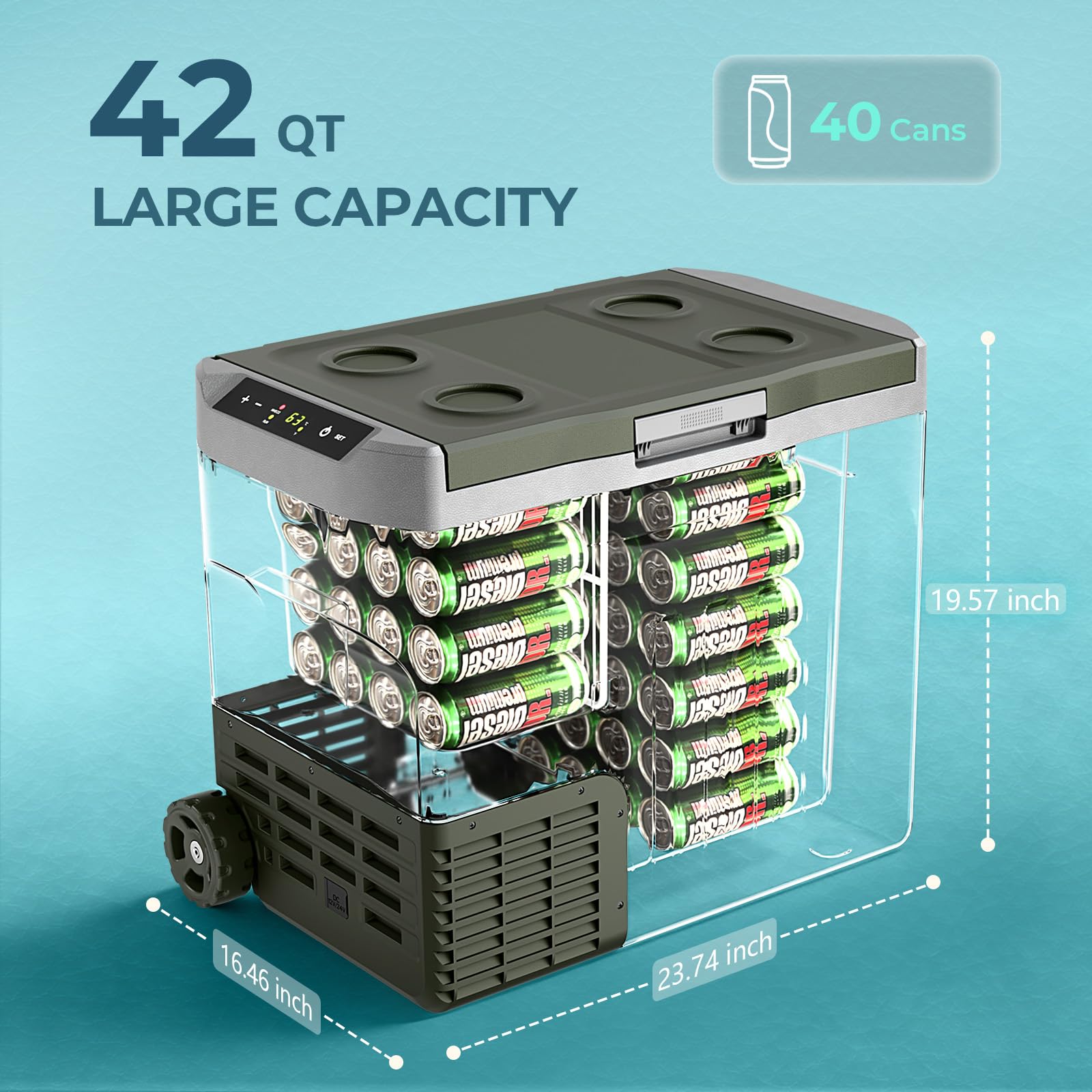 Electactic Frigorifero portatile 12V 40L per auto a doppia tensione 12V 24V DC congelatore portatile con ruote, camion, camper, casa, viaggi in auto