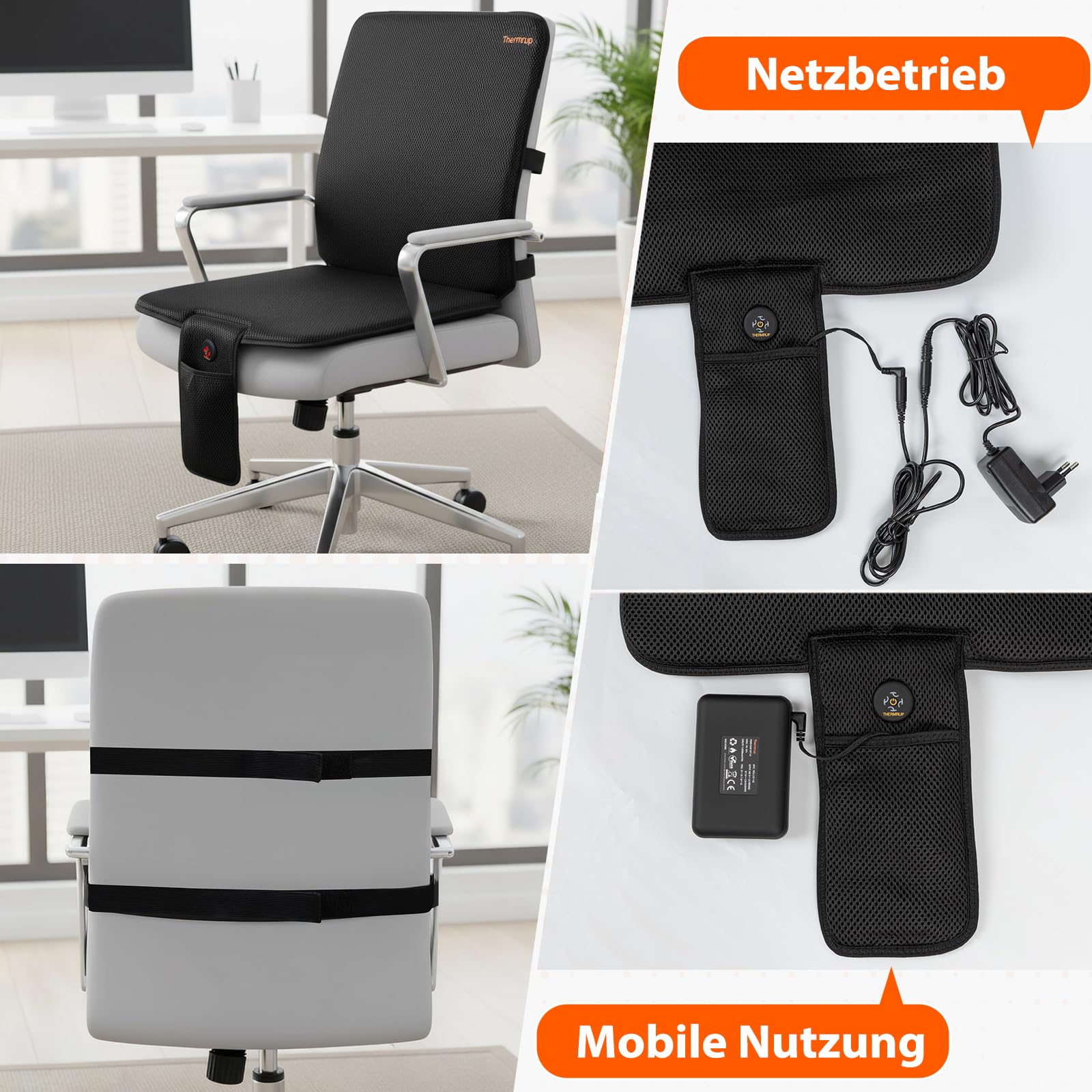 Thermrup Mobile Beheizbare Sitzauflage Ferninfrarot Heizkissen – Akku- & Netzbetrieb, 3 Heizstufen, Ideal für Ideal für Bürostuhl, Rollstuhl, Gartenstuhl, Campingstuhl