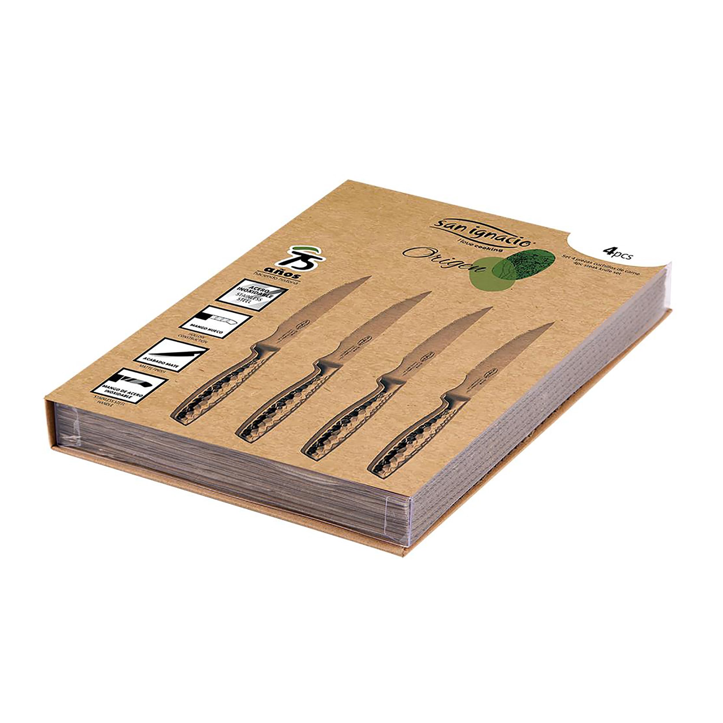 SAN IGNACIO Origen | Zestaw 4 noży do steków | Wykonane ze stali nierdzewnej, długość 12,5 cm, satynowe wykończenie, zestaw noży | Lekki i ergonomiczny uchwyt