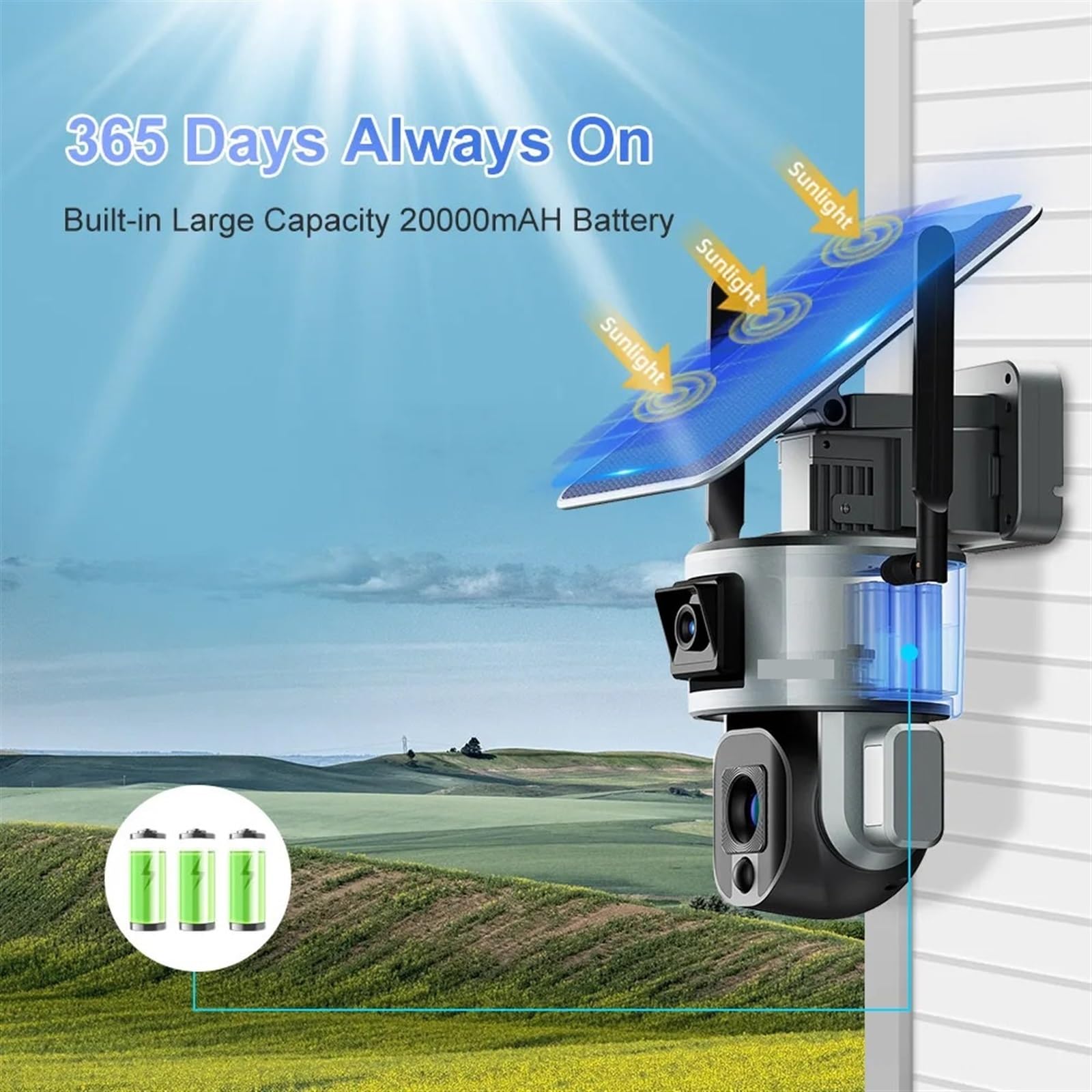cámara de seguridad gran angular, Cámara de seguridad Solar 4K HD de doble lente for exteriores, Zoom óptico 10X, Wifi, seguimiento automático, Audio bidireccional, batería con diseño de amplificador