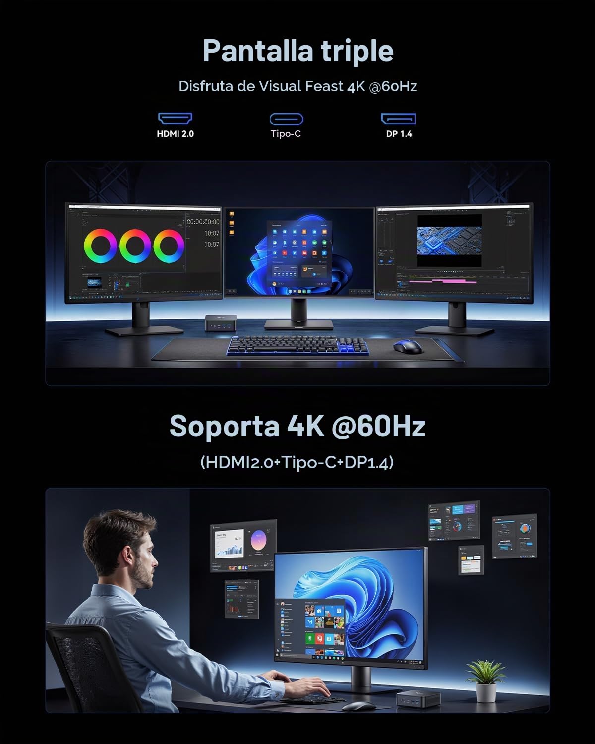 NiPoGi Essenx E3 Mini PC АMD Ryzen 5 3500U (Mejor que N150/Máx. 3.7GHz/28W) Win11 Pro 16GB DDR4 512GB SSD, Mini Ordenador con Doble LAN/Triple Pantalla 4K/WiFi/Bluetooth/USB 3.2 para Oficina y Escuela