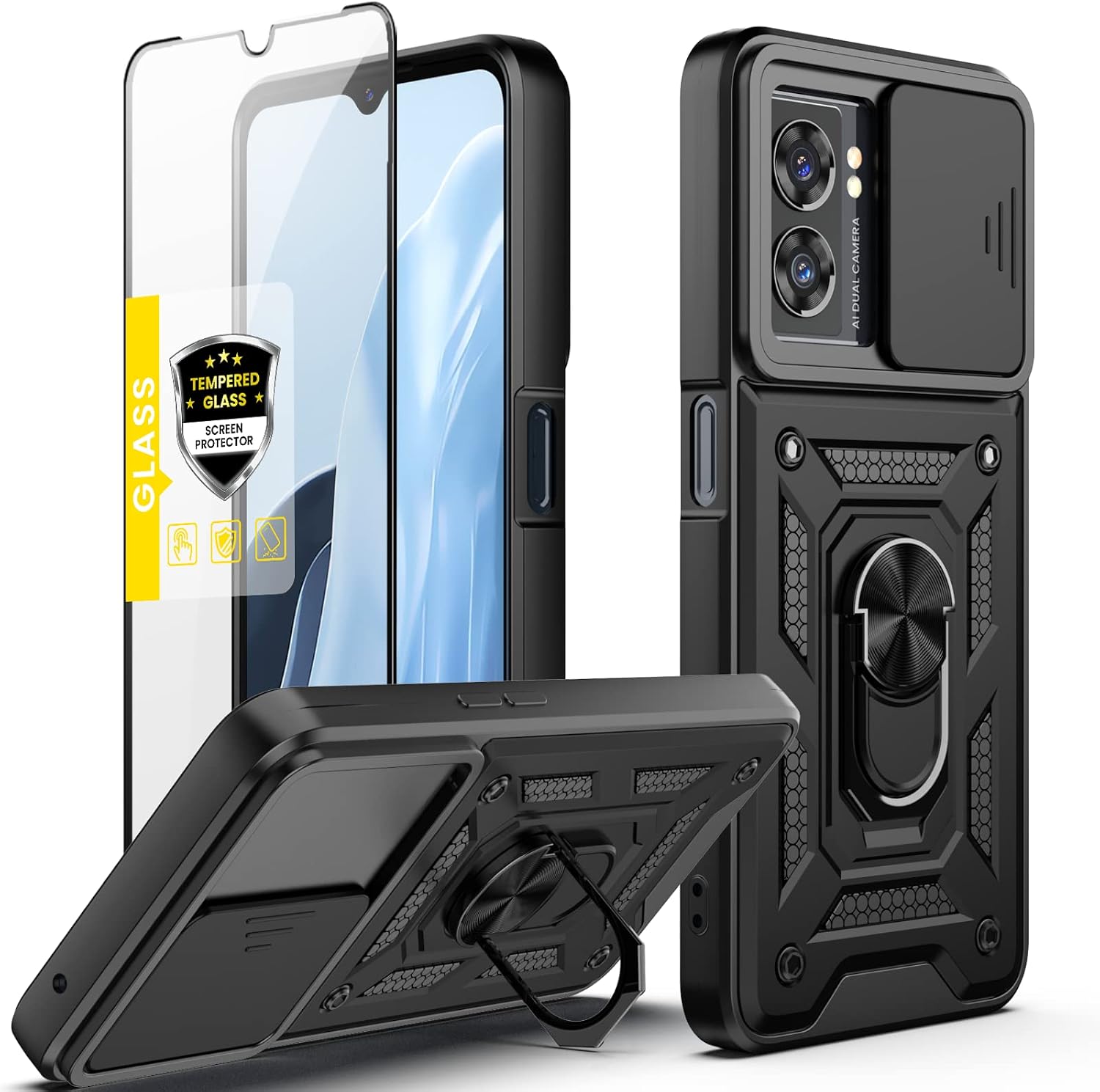 Dretal OnePlus Nord N300 5G Case with Stand Kickstand Ring and Camera Cover with Tempered Glass Screen Protector, Military Grade Shockproof Protective Cover for OnePlus Nord N300 5G(TC-Black)