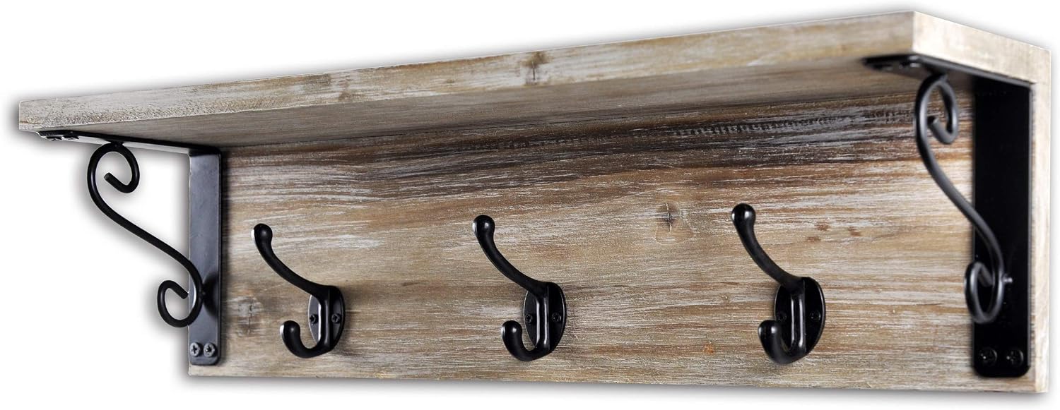 Spiretro Coat Hook Rack with Shelf, Wall Floating Shelves with Leash Key Holder, Hat Bag Organize, Storage, Decorative for Entryway, Mudroom, Bathroom, Set of 2, Rustic Wood Grey