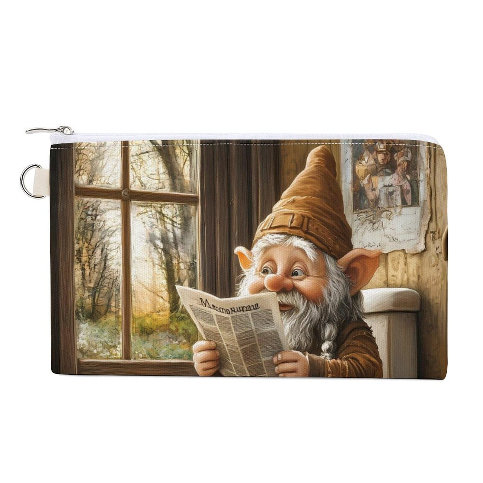 Dwarf Sitting in Toilet Reading Newspaper Coin Purse Canvas Change Pouch Portable Pocket Wallet Mini Storage Bag with Zippered Keychain