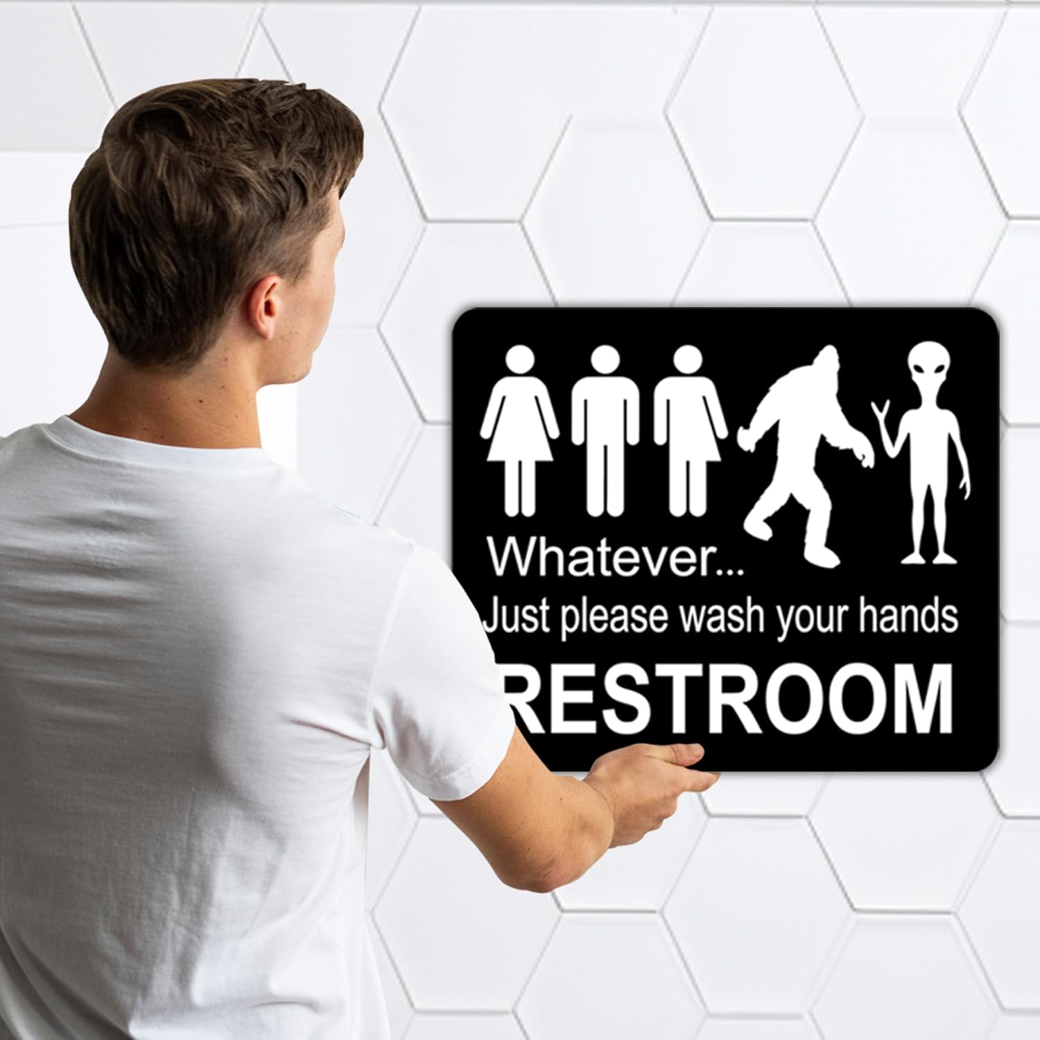FUNNY BATHROOM WHATEVER JUST WASH YOUR HANDS BIGFOOT ALIEN SIGN Aluminum Composite Outdoor Sign 15" x18"