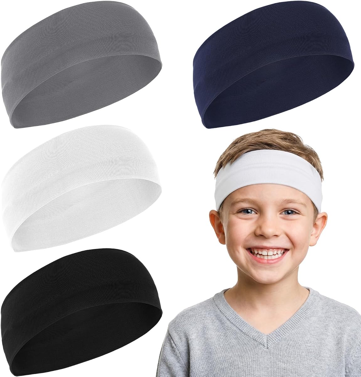 4 Pcs Elastic Kids Sports Headbands Athletic Absorbing Sweat Headband Wicking Boys Girls Sweatbands Kids Sports Headbands for Football Basketball Running Tennis Baseball Running Gym