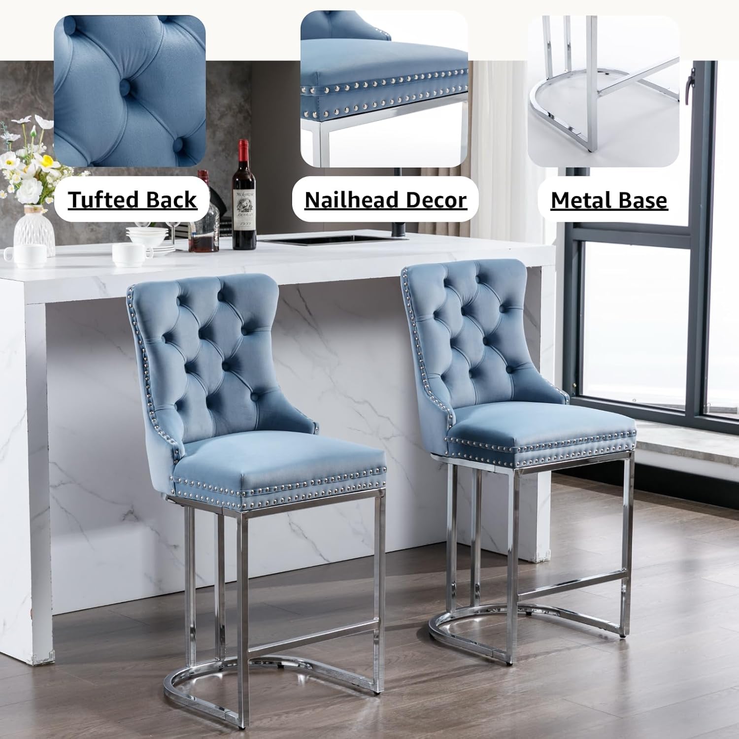 25" Velvet Counter Height Bar Stools Set of 4, Tufted Upholstered Kitchen Counter Stools with High Back, Nailhead Trim, Chrome Metal Legs, Modern Light Blue Bar Chairs for Dining Room, Pub, Island