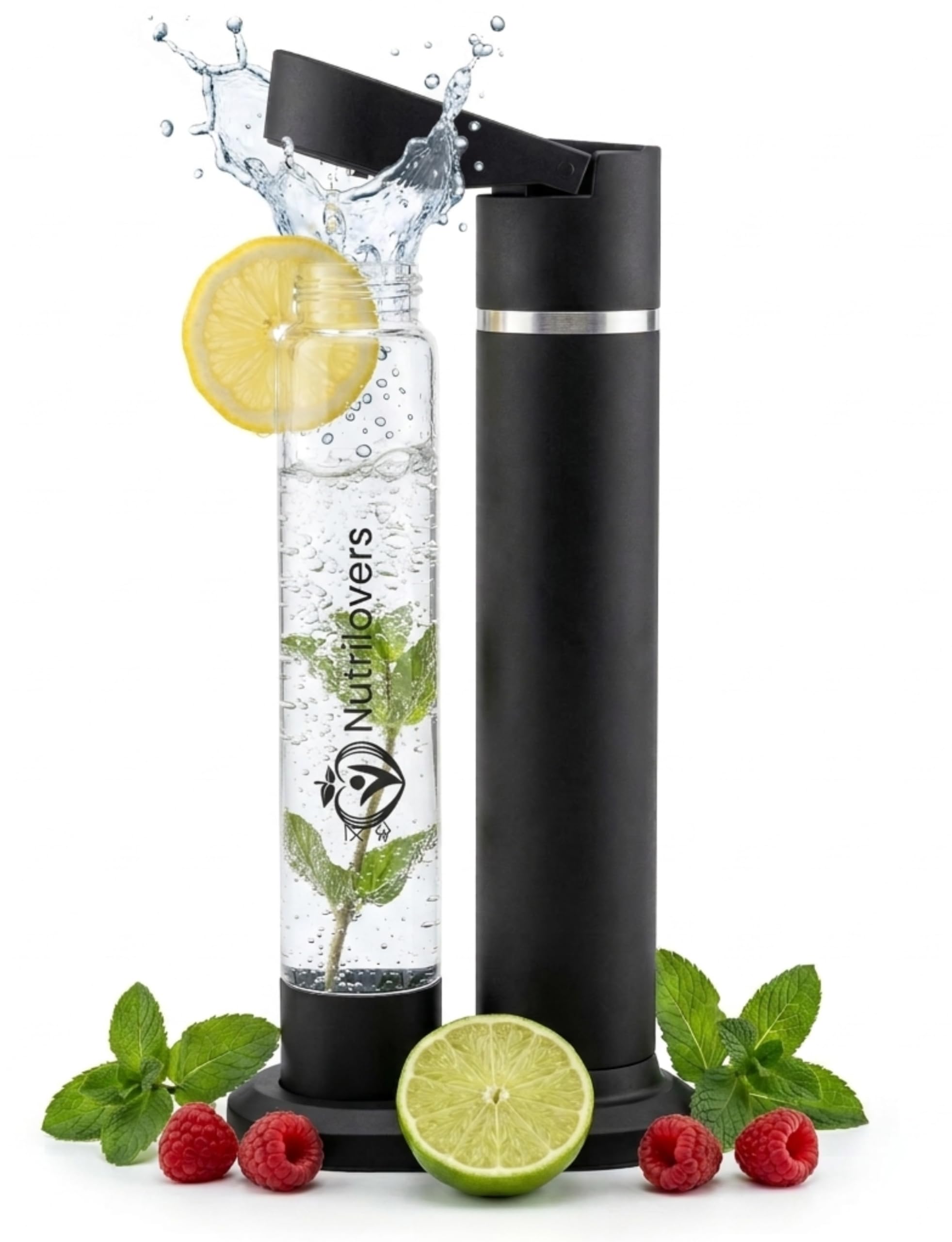 Nutrilovers Wassersprudler 2.0 Edelstahl, Designer Flasche (38 CM hoch), PET-Flasche, BPA-frei, patentiertes Air-Charge- System, 100% kompatibel mit allen 60L CO2-Schraubzylindern
