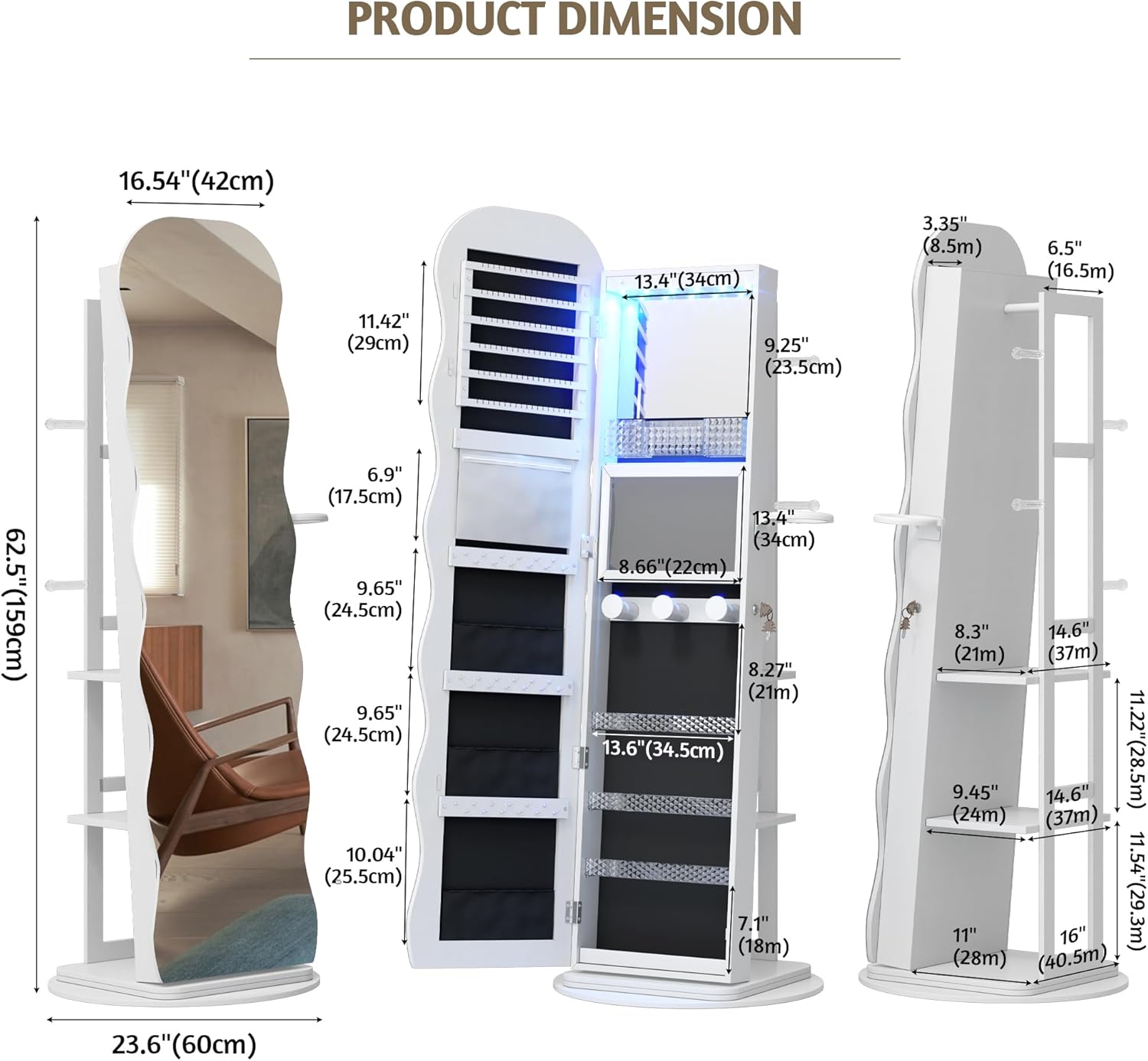 Vlsrka Wavy LED Mirror Jewelry Cabinet Standing, Rotating Mirror with Storage,Lockable Jewelry Mirror Organizer Full Length, Jewlelry Armoire with Interior Makeup Shelf, Gift for Women, White