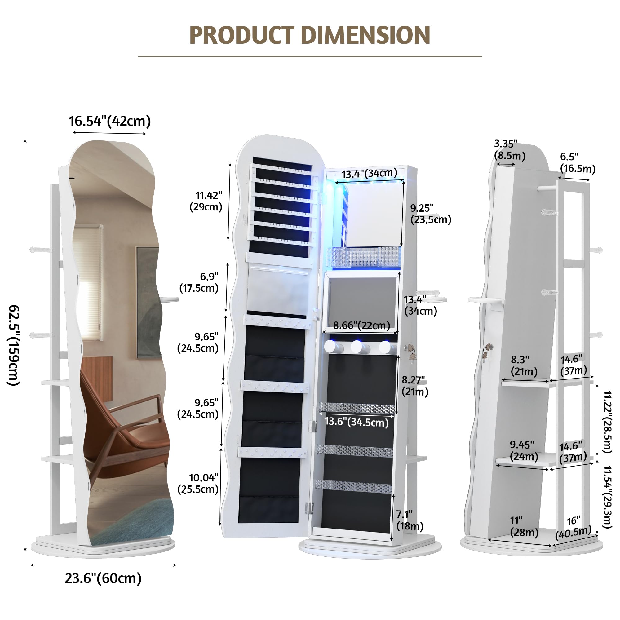 LVSOMT LED Schmuckschrank mit Gewellt Spiegel, 360° Drehbarer Schmuckschrank Abschließbar, Bogen Spiegelschrank Stehend Wohnzimmer Schlafzimmer, 3 Stufiges Regal & 3 Häkchen, Geschenke für Damen, Weiß