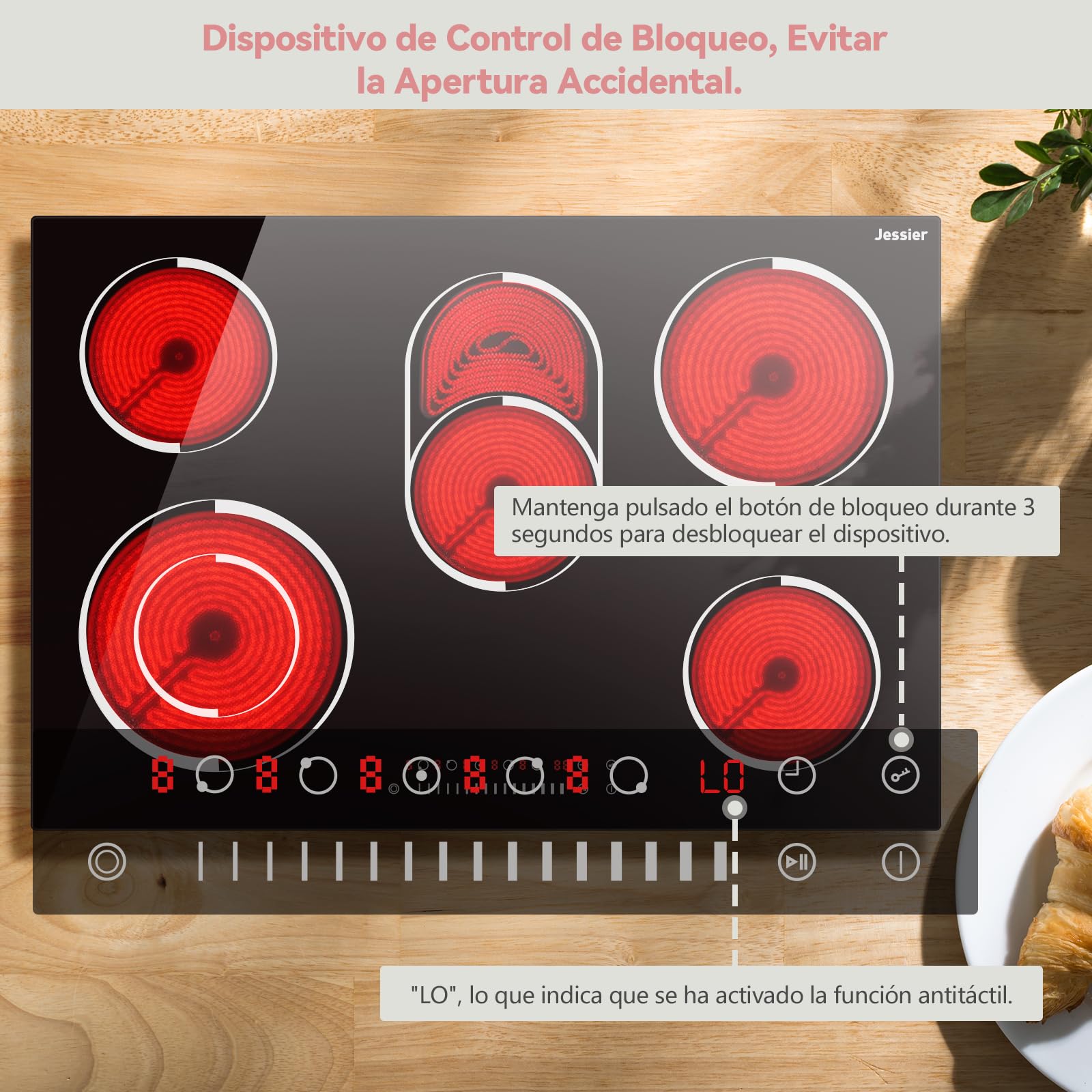 Placa Vitroceramic 5 Fuegos 8400W, Jessier Vitroceramica Induccion con Doble Zona de Barbacoa Ovalada, Placa Electrica Cocina 9 Niveles de Potencia, Función Pausa, Temporizador, Bloqueo de Seguridad