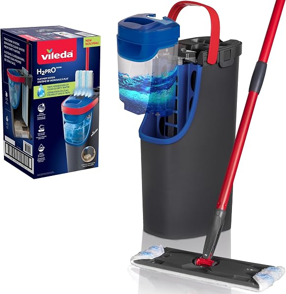 Vileda - H2pro Flat Mop - Innovative System with Distinct Dual Tank - Flat Mop with Microfibre Refill - Separates Clean and Dirty Water for Impeccable Hygiene - Ergonomic Design - 1