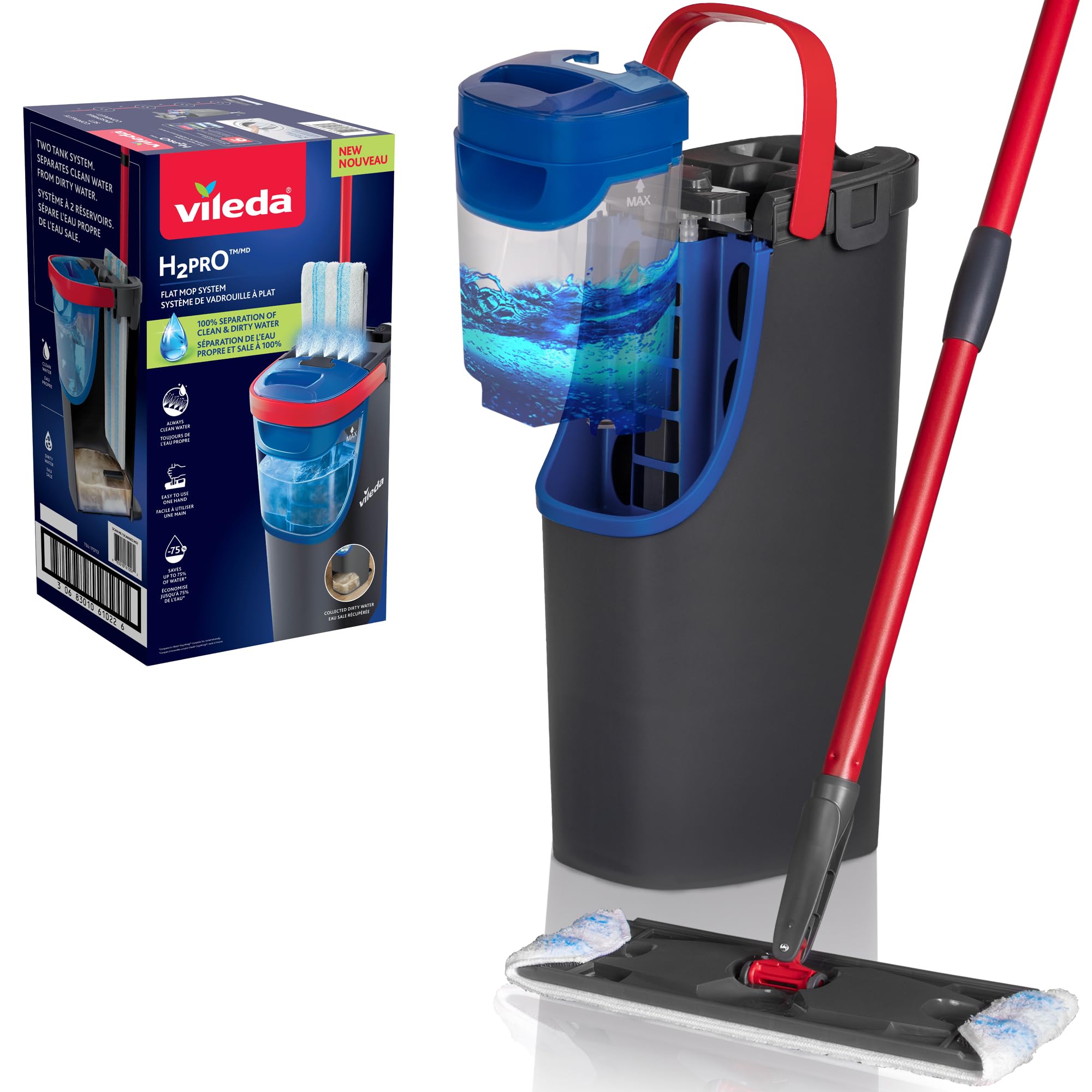 Vileda H2PrO Flat Mop Sistema lavapavimenti a piastra piatta | Separazione acqua pulita e sporca | Progettato per risparmiare acqua | Utilizzo a una mano | Design compatto | Pulizia con microfibra