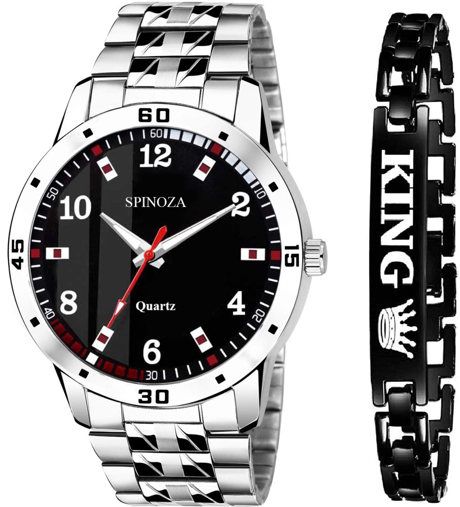 SPINOZA Stylish steel strap black simple dial design watch with king bracelet-(PO2).(P_C_B_9045) (Black) (B0C1ZW58R2) Amazon Price History, Amazon Price Tracker