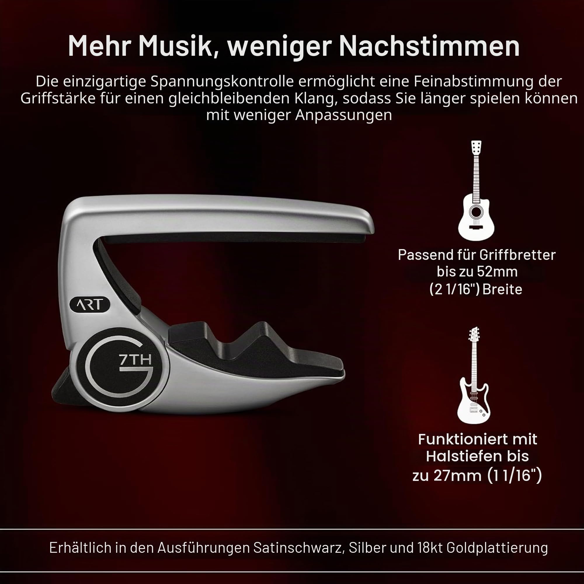 G7th Performance 3 Kapodaster Silber – Einzigartige Tension Control & Adaptive Radius Technologie – Preisgekrönter Kapodaster für Akustik- und E-Gitarren