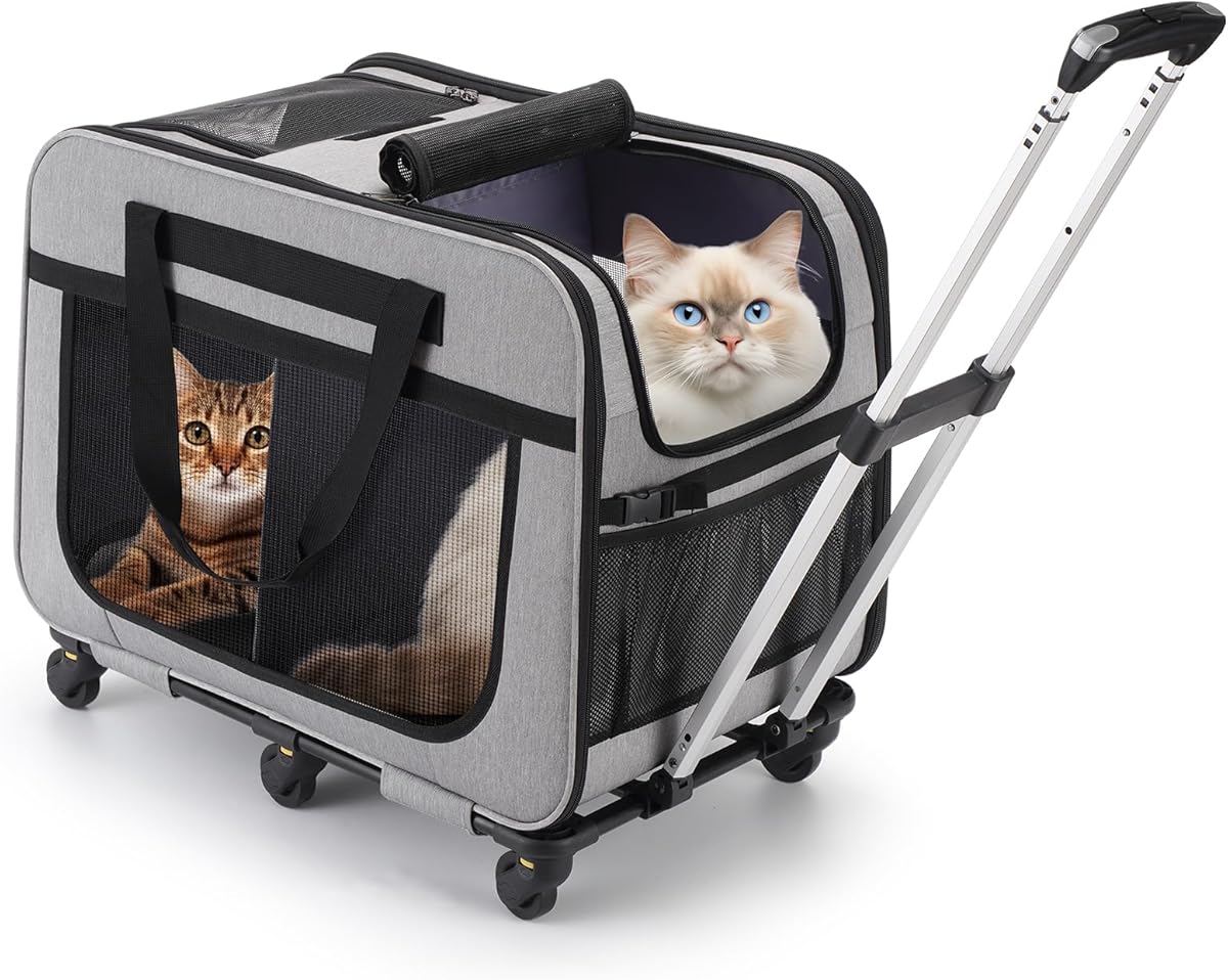 Extra Große Katzentransportbox für 2 Katzen bis 20kg, Faltbare Transportboxen für 2 Katzen mit Rollen, Transportbox Katze Groß für Spaziergänge/Camping, Grau