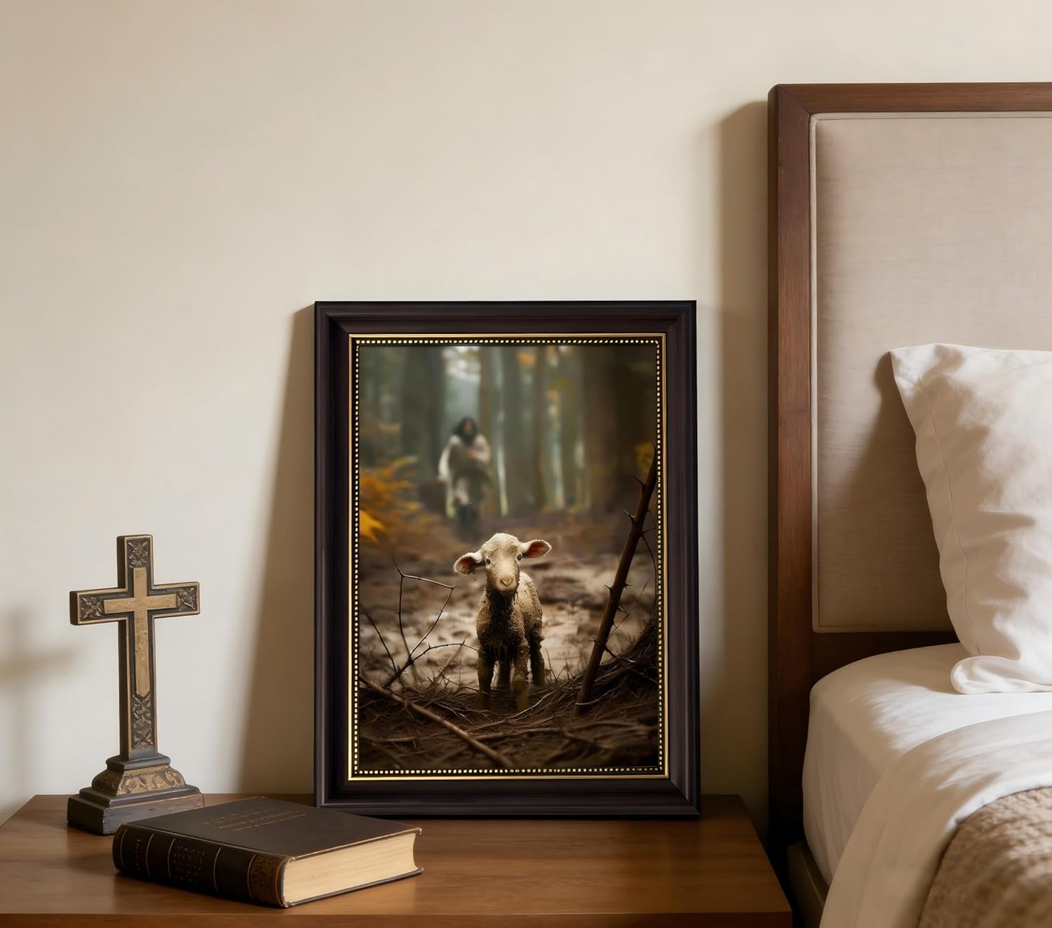 Framed Wall Art Jesus and Lamb Art Jesus Running After Lost Sheep Picture Wall Decor Christianity Lambs of God Home Decoration Inspirational Christian Poster Prints 16X24in