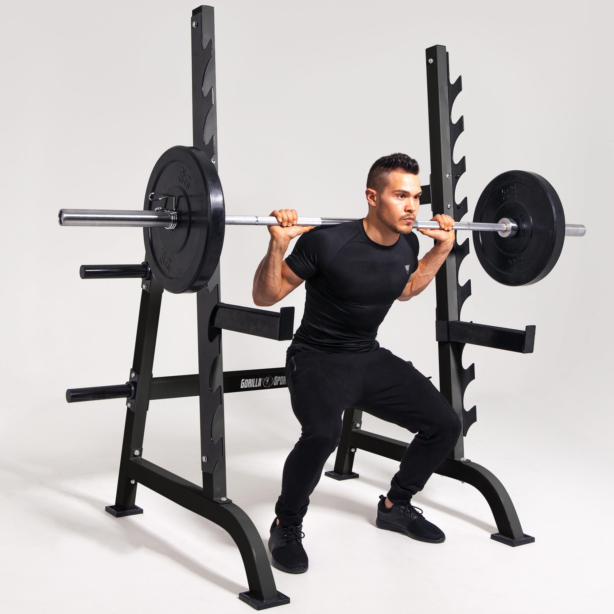GORILLA SPORTS® Squat Rack mit 9 Ablagen und Scheibenständer, bis 300 kg | Mit 4 Aufnahmen für 50/51-mm-Scheiben und 40-cm-Sicherheitsablagen; Kniebeugenständer, Langhantelablage, Hantelständer
