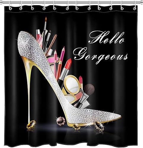 EOBTAIN Cortina de ducha de tacón alto con diamantes de maquillaje Hello Gorgeous Lipstick Bling Fashion Shoes Sexy Girls Fancy Beautiful Lady