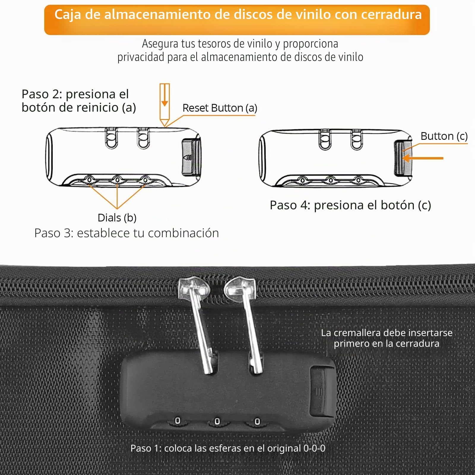 Neoteck Caja de Almacenamiento de Discos de Vinilo Ignífugo con Cerradura de Combinación, Bolsillo de Malla y Tiras Reflectantes para Djs y Entusiastas