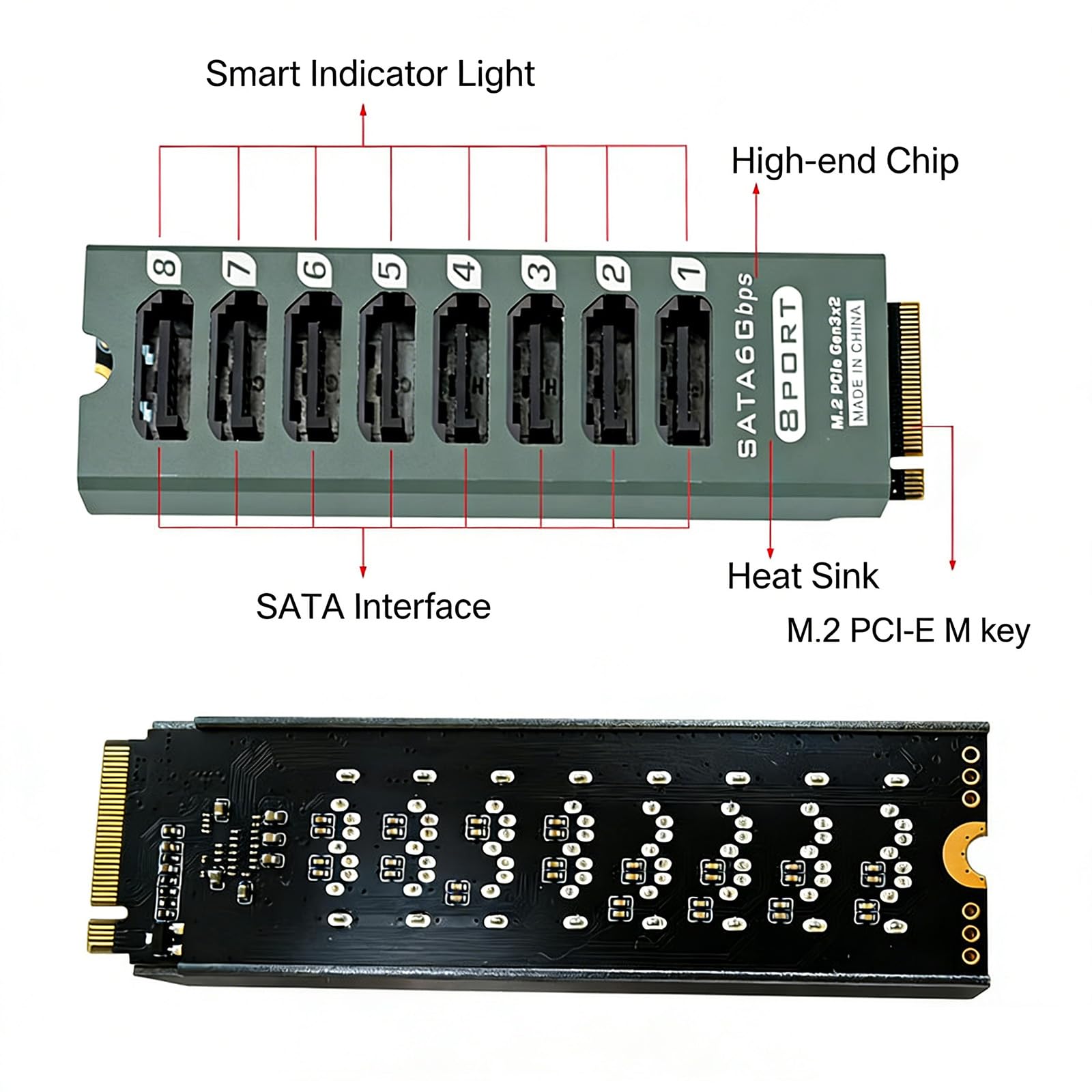 Konwerter Pcie Na Sata3, Obsługuje Jednoczesne Podłączenie 8 Dysków Twardych, Prędkość Transferu 6 Gb/s, Obudowa Ze Stopu Aluminium I Kontrolki Led