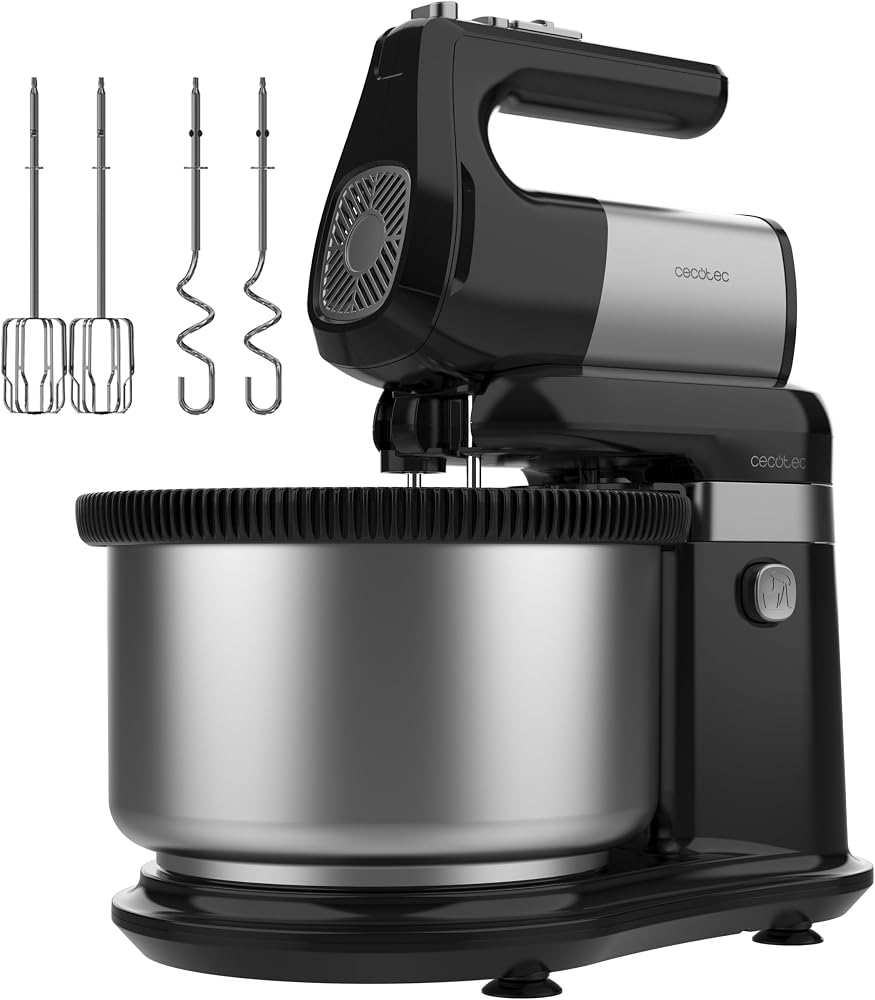 Cecotec Batteur sur Socle PowerTwist 500 Steel Double Spin, 500 W | Bol Rotatif en Acier Inoxydable de 4 L, 5 Vitesses et Fonction Turbo, Fouets et Crochets en Acier, Pâtes Professionnelles.