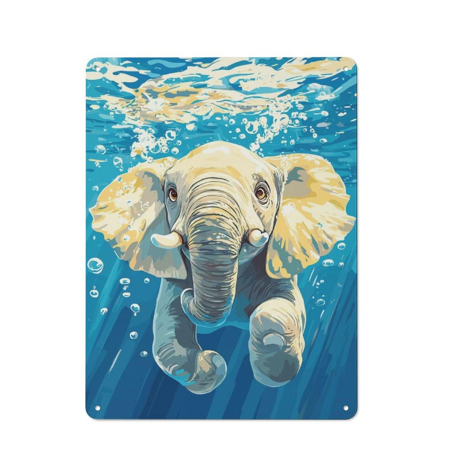 Rustic Underwater Elephant Illustration Tin Wall Plaque 40x30cm, Rustic Kitchen Decor for Cottage, Kitchen, Hallway Or Breakfast Nook