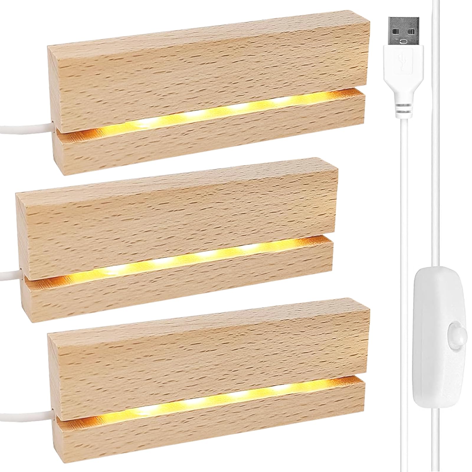 Accessoires Baignoire Socle Lumineux LED En Bois: 3 Pièces Base De Présentation Rectangulaire Avec USB, Support LED Pour Cristal, Résine Acrylique, 20cm De Long Support Lumineux