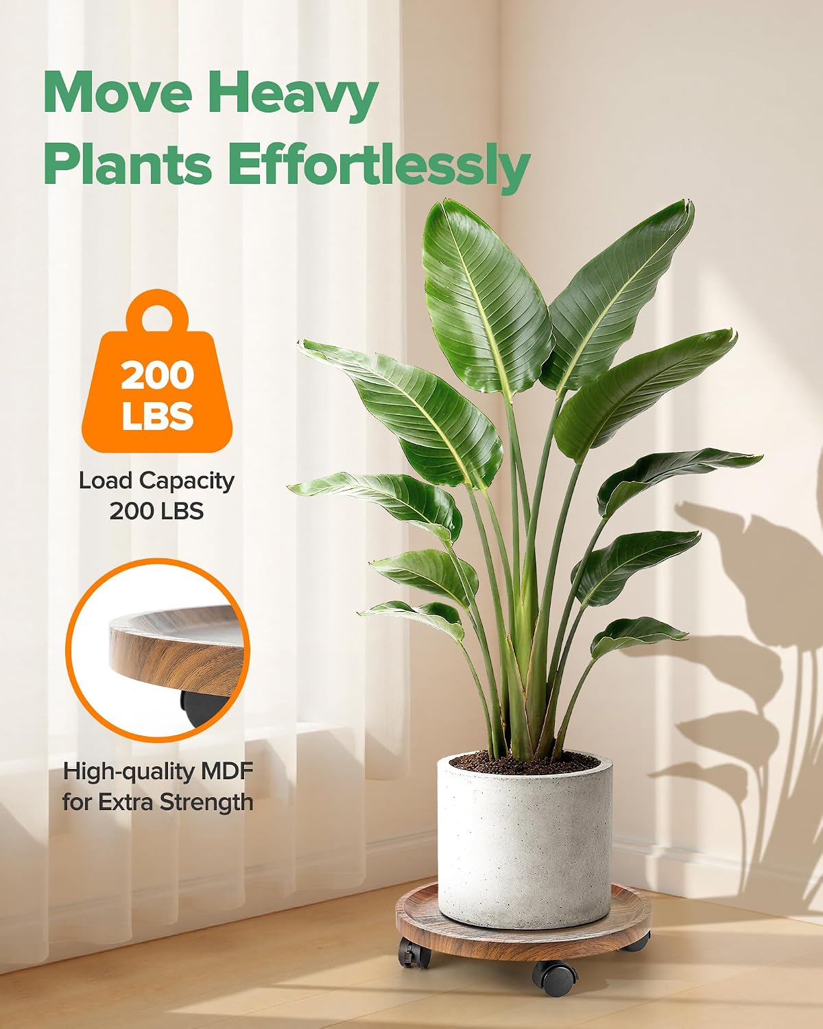 2 Pack Plant Caddy with Wheels, 14" Wood Rolling Plant Stand with 360° Lockable Wheels, Plant Stands Outdoor for Large Plants, Flower Cart Plant Dolly Plant Caster for Heavy Objects, Walnut image 3