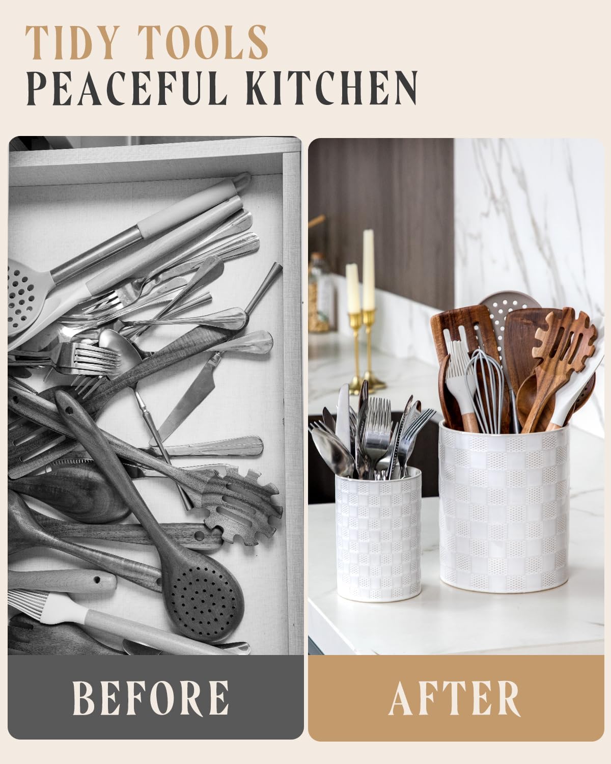 Nucookery Ceramic Utensil Holder for Kitchen Counter Organizer, Set of 2