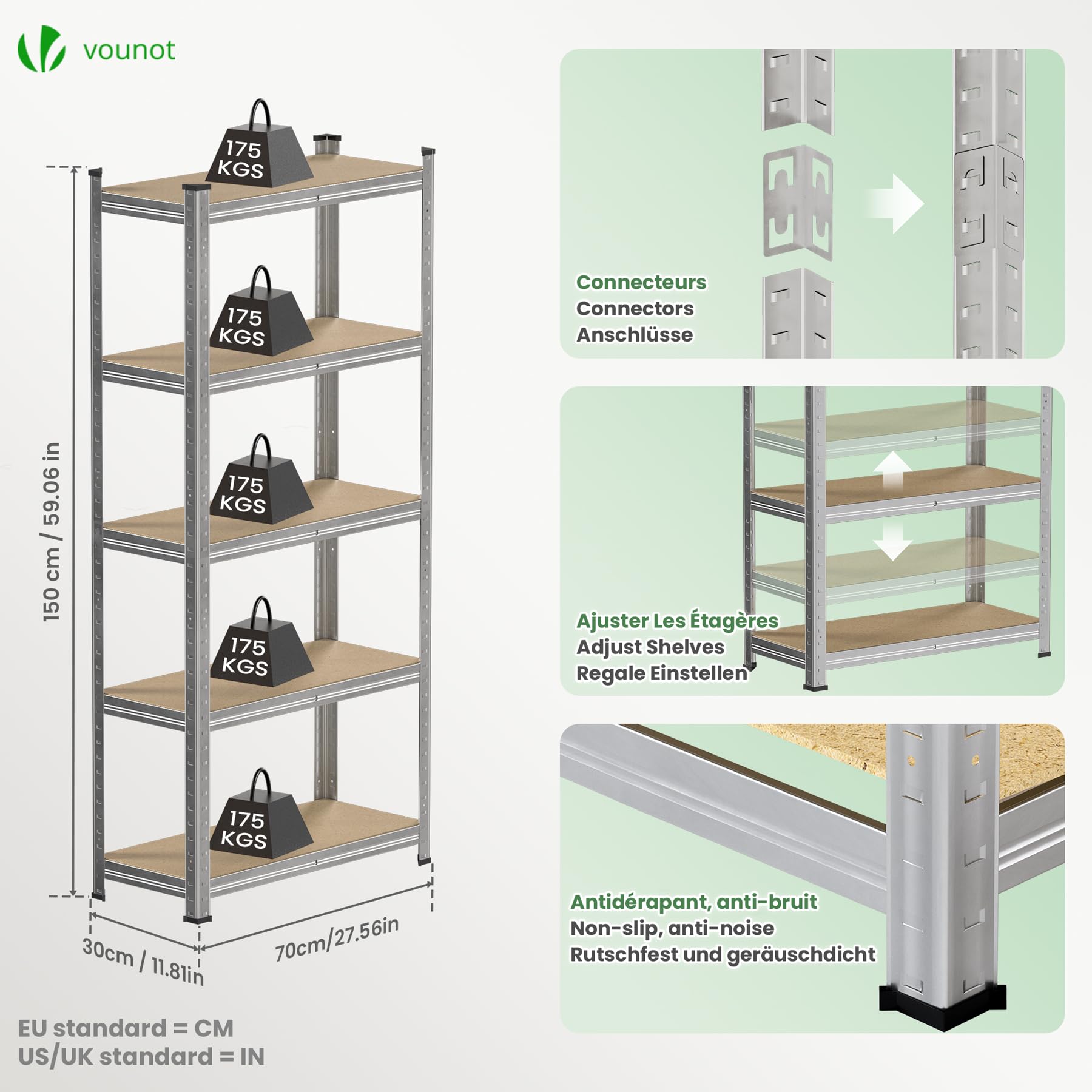 VOUNOT® Set di 2 Scaffale Metallo Garage 70x30x150 cm, Scaffali Carichi Pesante, Scaffalature a 5 Ripiani Capacità 875 kg, per Officina, Magazzino, Ufficio