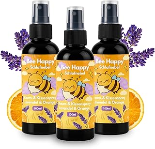 Bee Happy Kissenspray Set 3x100ml – Bio Lavendel-Orangen mit ätherischen Ölen – Frischer Duft für Kissen, Bett & Schrank – Ideal für Yoga, Entspannung, Konzentration & als Raumspray