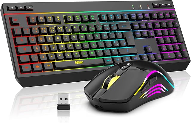 RedThunder K20 Wireless Keyboard and Mouse Combo, UK Layout Full Size Keyboard with Multimedia Keys + 7D 4800DPI Optical Mice, Rechargeable RGB Gaming/Office Set for PC Laptop (Black)