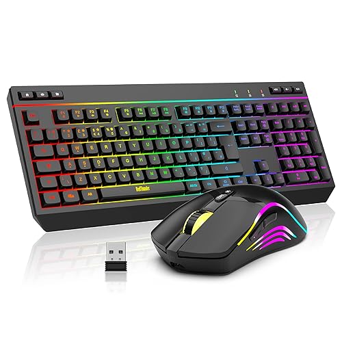 RedThunder K20 Wireless Keyboard and Mouse Combo, UK Layout Full Size Keyboard with Multimedia Keys + 7D 4800DPI Optical Mice, Rechargeable RGB Gaming/Office Set for PC Laptop (Black) - Black