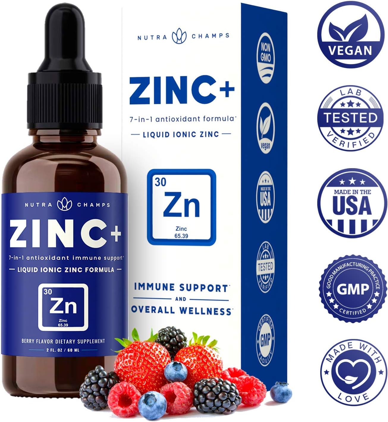 Organic Zinc Liquid Supplement - Zinc+ 7-in-1 Immune Support System Boost with Elderberry, Vitamin C, Echinacea & More - Ionic Concentrated Mineral Drops for Men, Women & Kids, 2 oz Berry Flavor : Health & Household