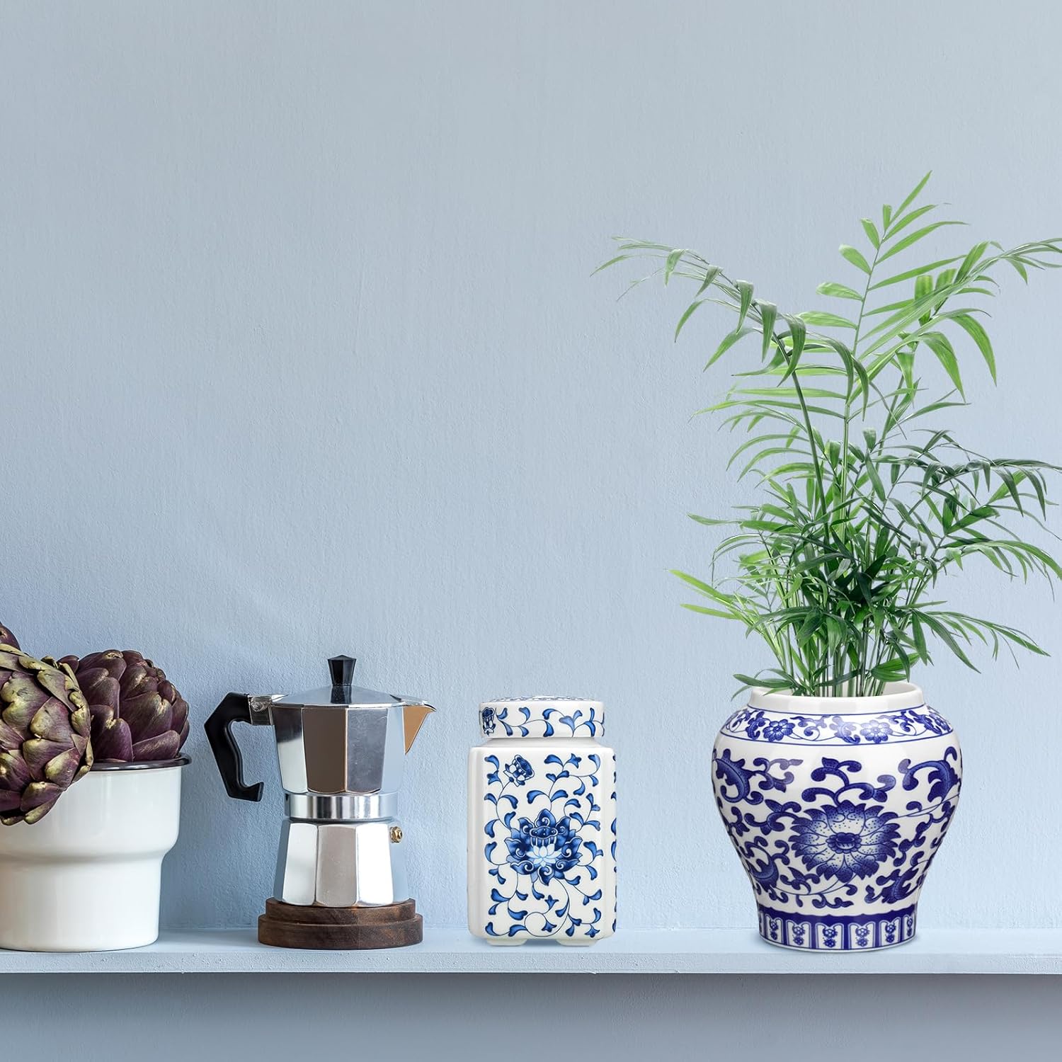 Hushee Small Blue and White Vases Chinoiserie Decor Ginger Jar Porcelain Ginger Jar Chinoiserie Vase Blue and White Decor for Home Bedroom Table Centerpieces Tabletop Accent Shelf(4 Pcs,Elegant)